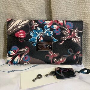 Prada Saffiano Leather Black Floral Clutch with 2 Keys